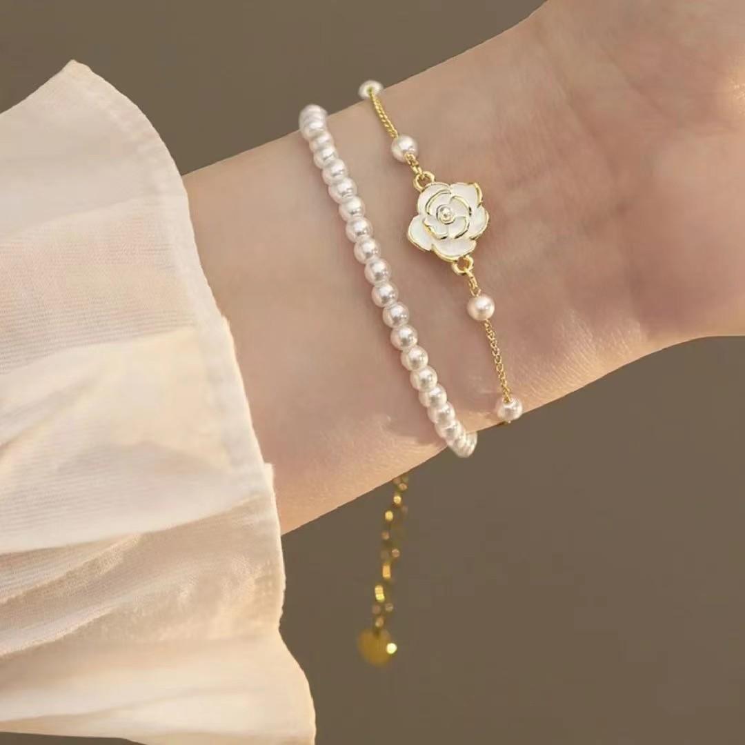 Pearl & Gold Rose Bracelet – Minimalist Jewelry for Women